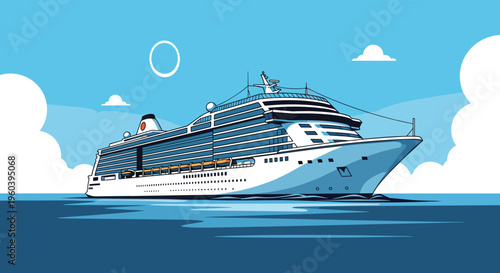 Magnificent luxury cruise ship sailing across the deep blue ocean water under a clear sunny sky with white clouds in the background.