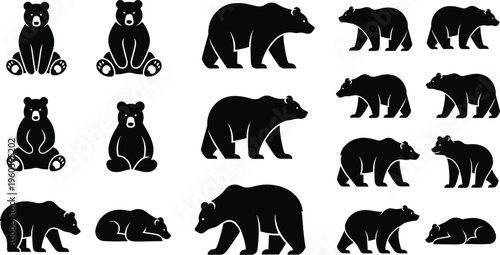 Bear Silhouette Icon Set with Walking Sitting Resting and Cartoon Style Wildlife Animal Pose Collection for Nature Education Mascots Logos and Graphic Design Projects
