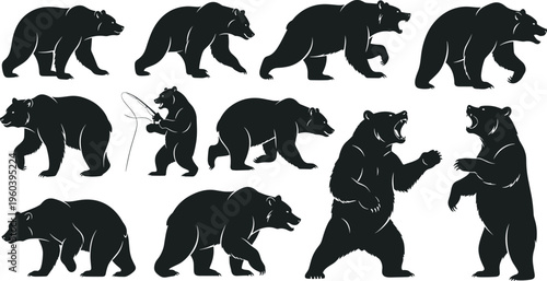 Bear Silhouette Icon Set with Walking Standing Roaring and Fishing Wildlife Animal Pose Collection for Nature Conservation Logos Outdoor Branding and Graphic Design Projects
