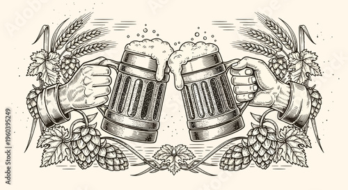 Cheers! Vintage Beer Mugs Clinking with Hops and Barley, Hand-Drawn Style