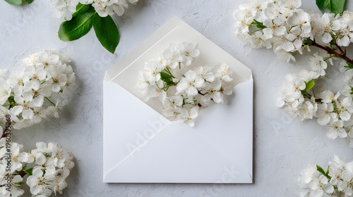 Elegant White Envelope with Delicate White Flowers and Green Leaves.