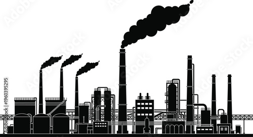 Industrial factory silhouette, air pollution, smokestacks, environmental impact, climate change, manufacturing plant, heavy industry, carbon emissions, 