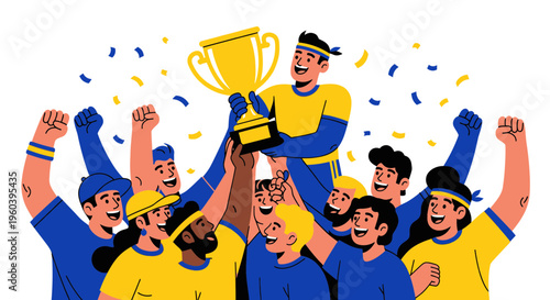 Team celebrating victory with trophy and confetti