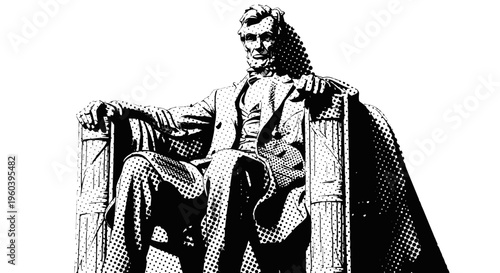 Lincoln Memorial Statue, Washington DC - Black and White Halftone Graphic