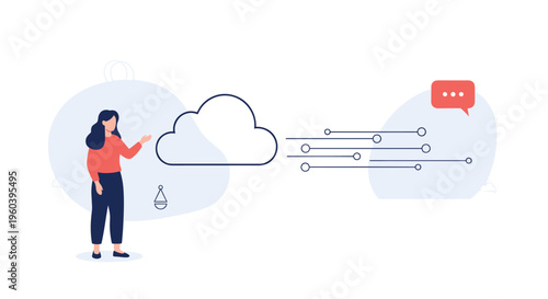Young woman presenting a digital cloud storage concept with abstract data lines and a speech bubble representing modern connectivity.
