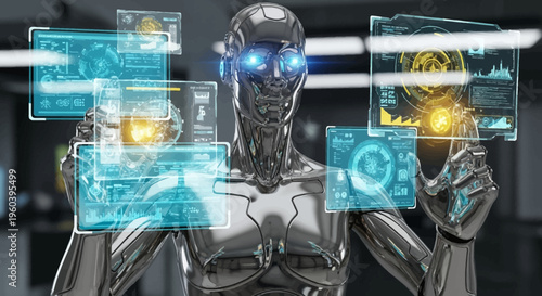 Futuristic robot interacting with holographic displays in a modern tech lab