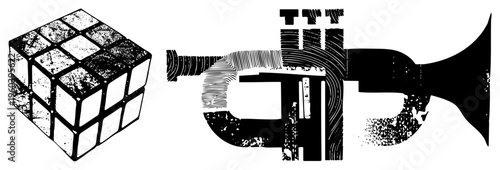 Classic 3x3 puzzle cube and brass trumpet rendered in gritty halftone, stylized vector graphics, retro aesthetic, isolated, design.