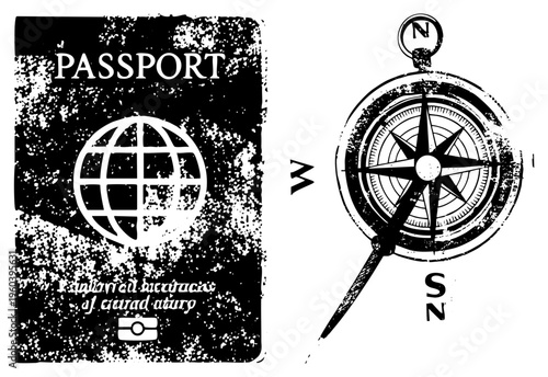 Travel document with globe emblem and compass rose, adventure gear, wanderlust, international journey, wanderer’s essentials, nomadic symbol.