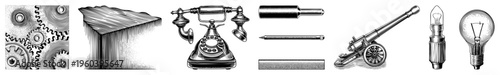 Classic rotary phone, antique cannon, old fashioned lightbulb, pencil, rolling pin, and gear wheels nostalgic tech artifacts, isolated vector illustrations.
