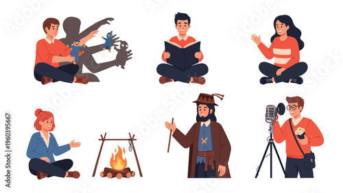 Diverse Hobbies, Leisure, and Creative Activities Flat Illustration Set: Reading, Storytelling, Camping, Filmmaking, Shadow Play