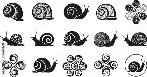 Snail Shell Spiral Silhouette Icon Set with Decorative Gastropod Mollusk Shapes and Ornamental Nature Elements for Biology Education Logos and Graphic Design Projects