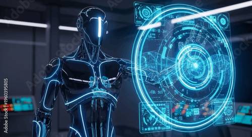 Futuristic robot interacting with holographic interface in a high-tech lab