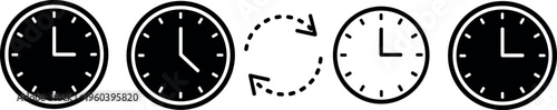  Analog clock sequence vector illustration with rotation arrows, black and white artwork symbolizing time, transformation, and logical pattern themes