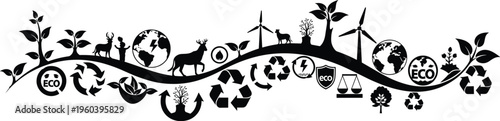 Environmental Sustainability Banner with Eco Landscape Wave Recycling Renewable Energy Wildlife Trees Globe and Green Technology Symbols for Climate Awareness Website Header Design