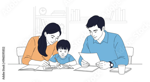 Happy young parents sitting at a desk helping their little boy with school homework and reading educational papers together.