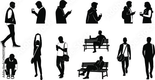 People lifestyle silhouettes set with walking, sitting, reading, and daily activity poses for urban life and social behavior concept