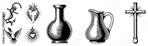 Sacred including Sacred Heart,, anchor,, vase, pitcher rendered in vintage engraving style, ideal for church décor or tattoo art.