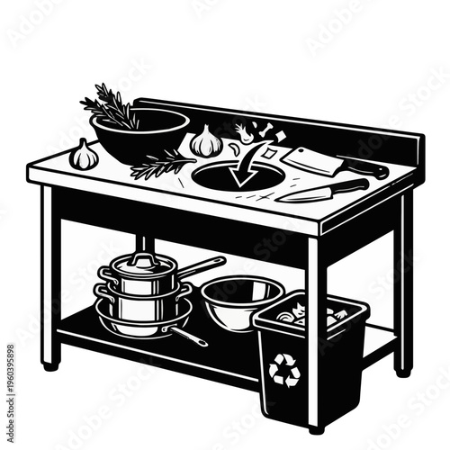 Stainless steel scrap table icon. Kitchen prep station with waste hole silhouette. Professional food waste disposal table for commercial dishwashing and food preparation