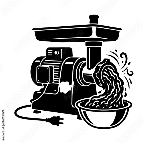 Dynamic electric meat grinder icon with ground meat output. Professional mincer in action silhouette. industrial food processing symbol showing meat texture and mechanical function