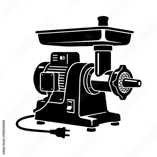 Heavy duty electric meat grinder icon. Professional tabletop mincer machine silhouette isolated on white background. Solid black industrial kitchen appliance symbol for commercial food processing