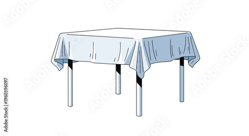 Empty wooden square table neatly covered with a clean white draped tablecloth suitable for dining or special events.