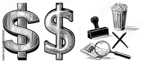 Financial symbols and office tools in halftone vector style, money, equipment, document review, business illustration, accounting symbols.