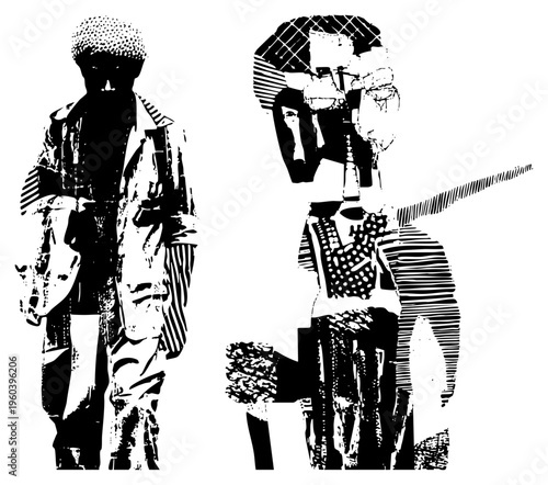 Abstract human forms rendered in high contrast black and white, featuring halftone textures and bold work, ideal for graphic design or fashion illustration.