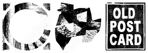 Distressed stamp graphics featuring “OLD POST CARD” text, circular and starburst shapes, halftone grain, retro design, nostalgic postage motifs.
