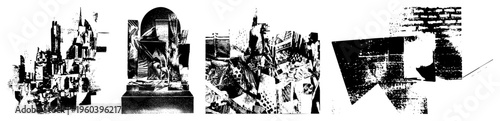 Stylized cityscape collage with broken buildings, halftone textures, and geometric shapes, abstract urban art, fragmented, modernist composition, graphic design element.