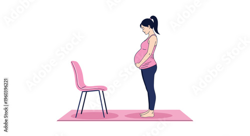 Pregnant woman in pink athletic wear standing on a fitness mat next to a chair for prenatal yoga or stretching.