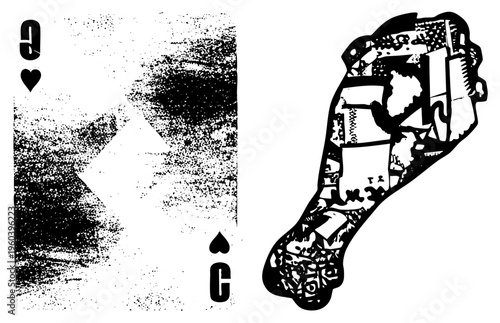 Grunge style playing card jack with heart symbol, paired with stylized foot silhouette filled with urban textures, vector design.