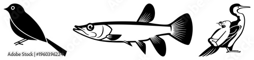 Minimalist black and white vector of a bird, fish, and waterfowl, clean art, flat design, isolated graphic elements, suitable for logos or UI.
