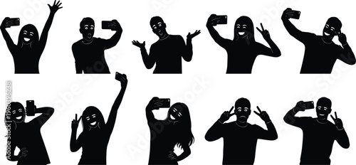 People listening to music silhouettes set with dancing, headphones, and expressive poses for entertainment, lifestyle, and audio enjoyment concept