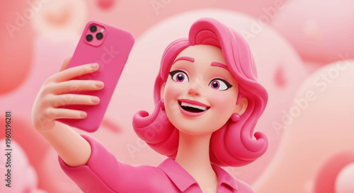 3D Animated Woman with Pink Hair Taking a Selfie with a Pink Smartphone