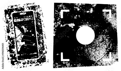 Broken phone screen with cracks, camera viewfinder frame, halftone noise, distressed vector art, glitchy digital device, tech, isolated graphic.