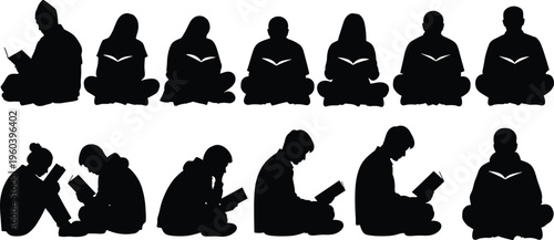 Reading silhouettes collection, people with books, education icons, learning culture, study poses, concentration illustration, vector design, knowledge symbol, literacy art