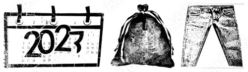 Vintage style calendar displaying year 2023, grungy ink texture, torn edges, wall hooks, retro planner, monthly grid layout.