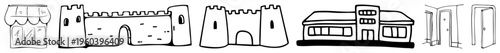 Hand drawn of storefront, fortifications, modern building, and interior doorways, minimalist architectural sketches, vector art, urban and historical structures.