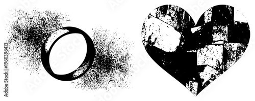 Distressed typographic ring and torn heart graphic, halftone texture, stencil art, urban design, graphic element, abstract symbol, vector illustration.
