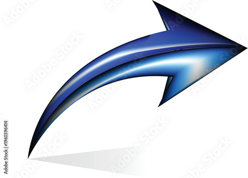 A shiny blue arrow pointing to the right isolated on white background with a slight shadow effect underneath it