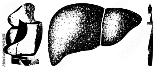 Black and white halftone vector set abstract sculpture, liver anatomy, fountain pen. Minimalist, dotted textures, bold silhouettes. Medical, artistic, design symbolism.