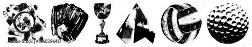 Black and white halftone illustrations of sports items including trophy, glove, ball, and gear, stylized vector graphics for design or print use.