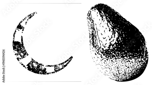 Stylized moon with textured halftone, paired with irregular organic shape, both rendered in high contrast vector style, ideal for graphic design or print.