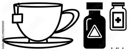 Black illustration of tea cup with bag, hazard bottle, and first aid bottle, minimalist health and wellness symbols, medical, isolated vector graphics.
