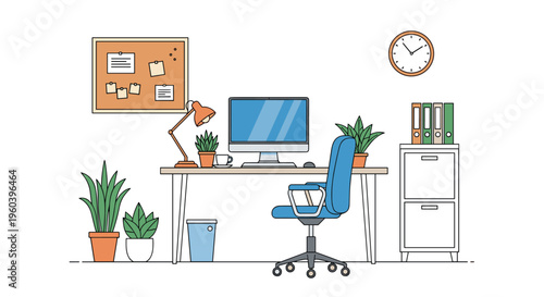 Modern and organized home office workspace featuring a computer desk, office chair, potted plants, and filing cabinet.