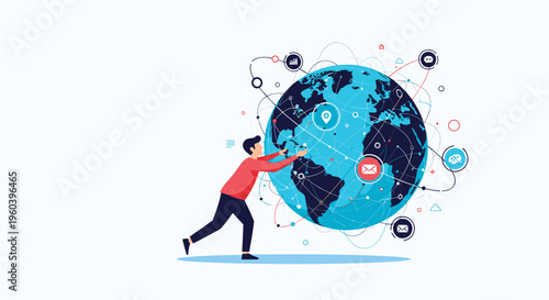 Global connectivity concept with a man reaching out to a world globe surrounded by digital communication network icons.