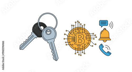 Digital security and cryptocurrency alert concept featuring a bitcoin coin, keys, and mobile notification symbols.