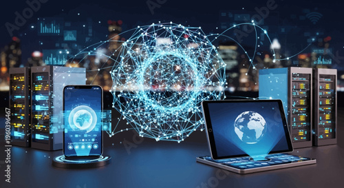 Global network connection technology, servers, smartphone, laptop, digital world map
