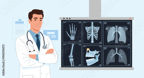 Confident male doctor in a white coat standing in front of a medical x-ray display showing bones and lung images.