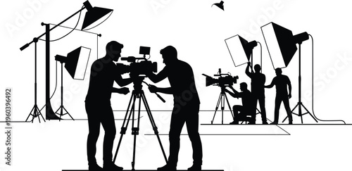 Photography studio silhouettes set with photographers, camera equipment, lighting setup, and professional photo shoot scenes isolated on white background